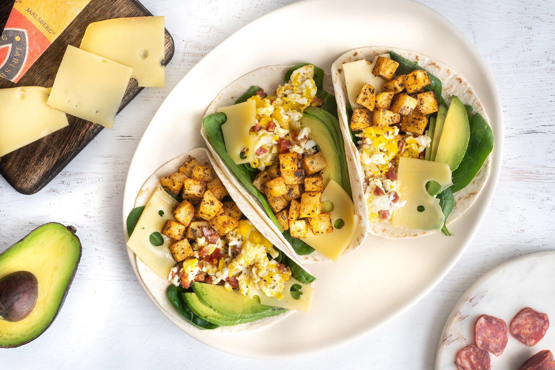 Recipe - Breakfast tacos with eggs, potato, chorizo and Jarlsberg cheese